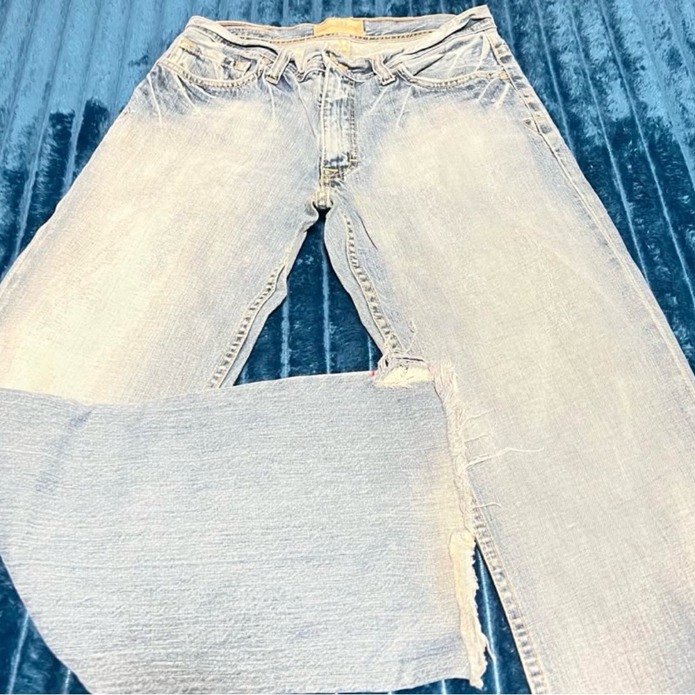 BKE Light Blue Denim Jeans with Brown Leather Logo Patch